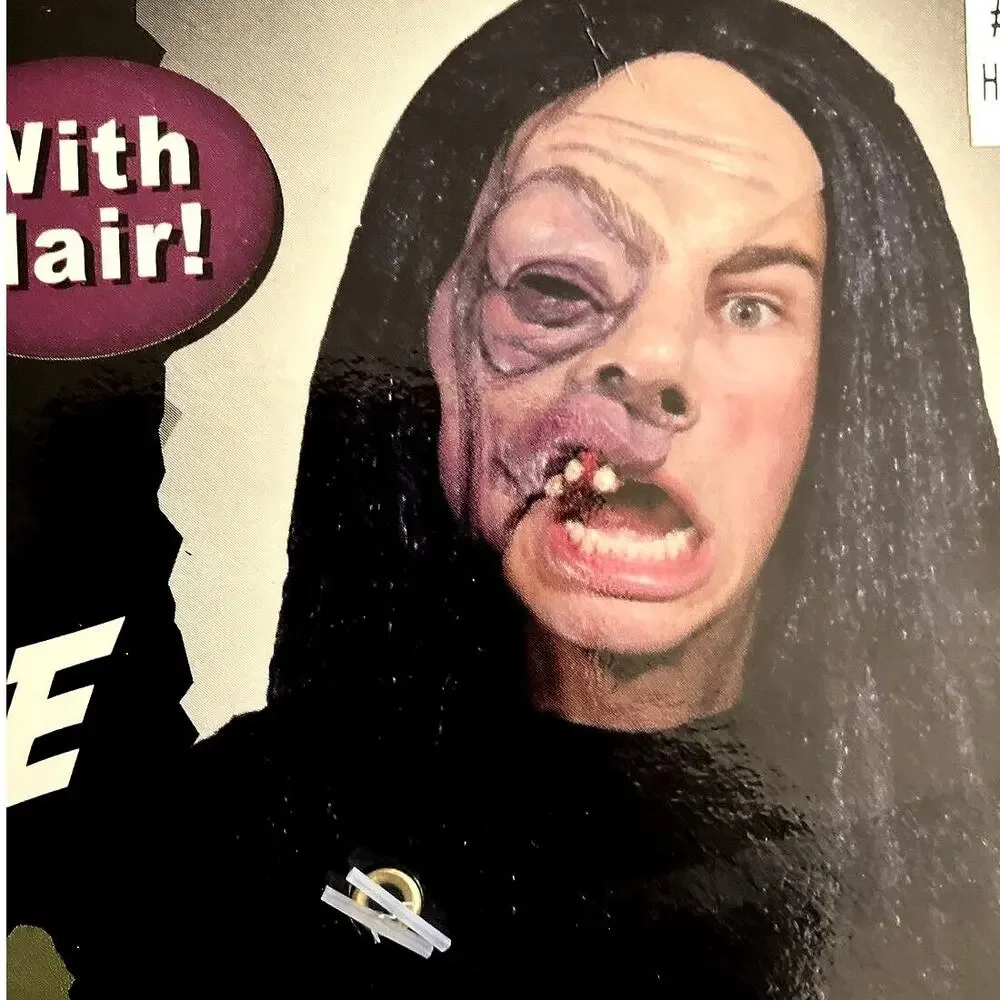 Halloween Mask NWT Vintage Latex Mario Chiodo Half Face Long Black Hair Ugly